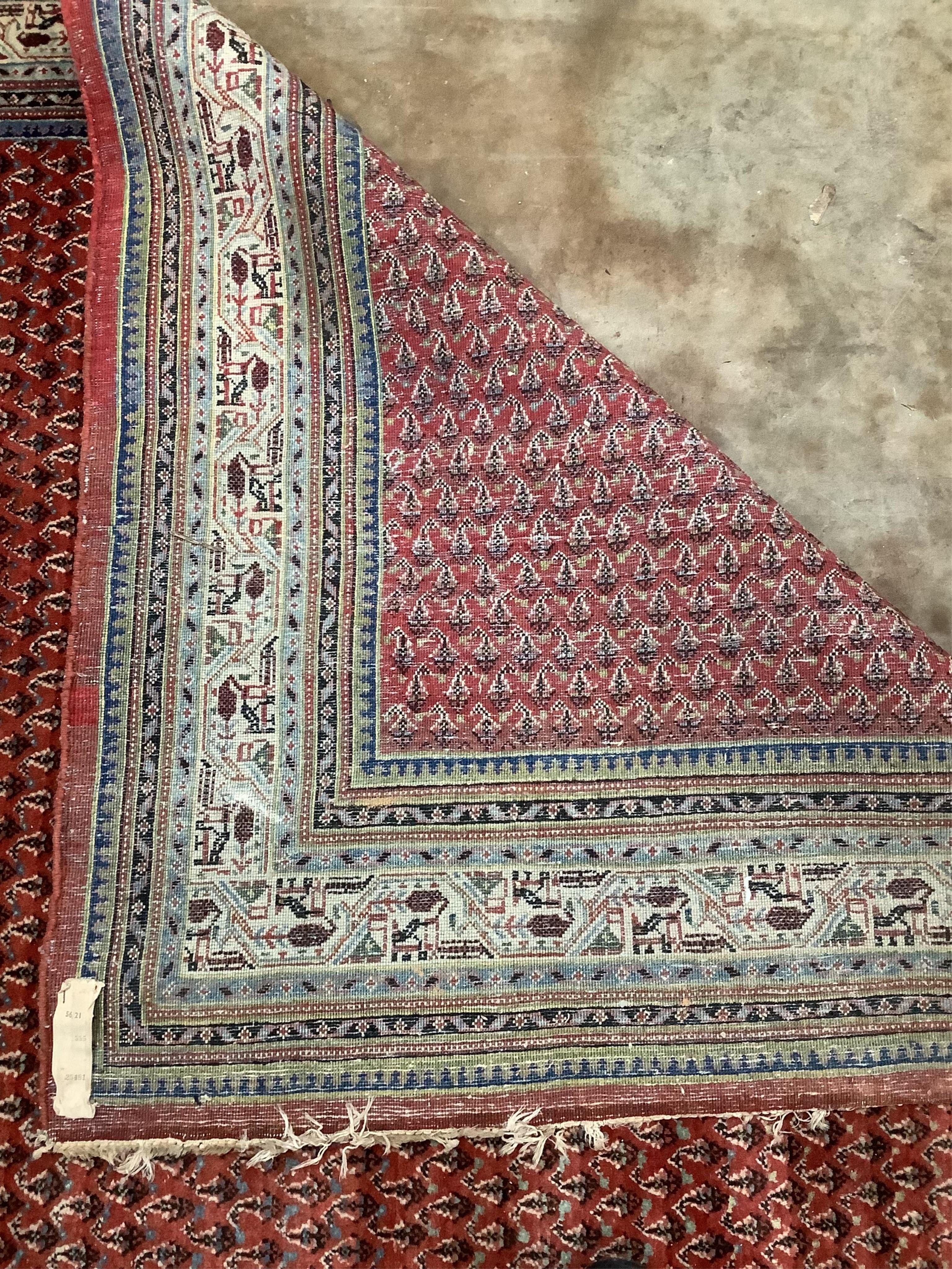 A rectangular Saraband Hamadan Boteh design rug with repeat central field and mythical animal design 253 x 190cm. Condition - fair